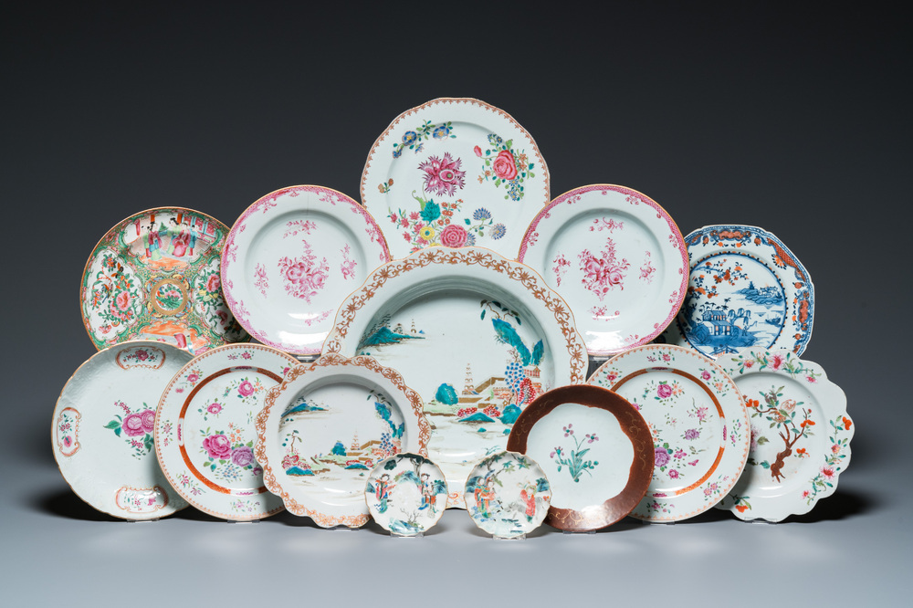 14 Chinese famille rose dishes and plates, Qianlong and later
