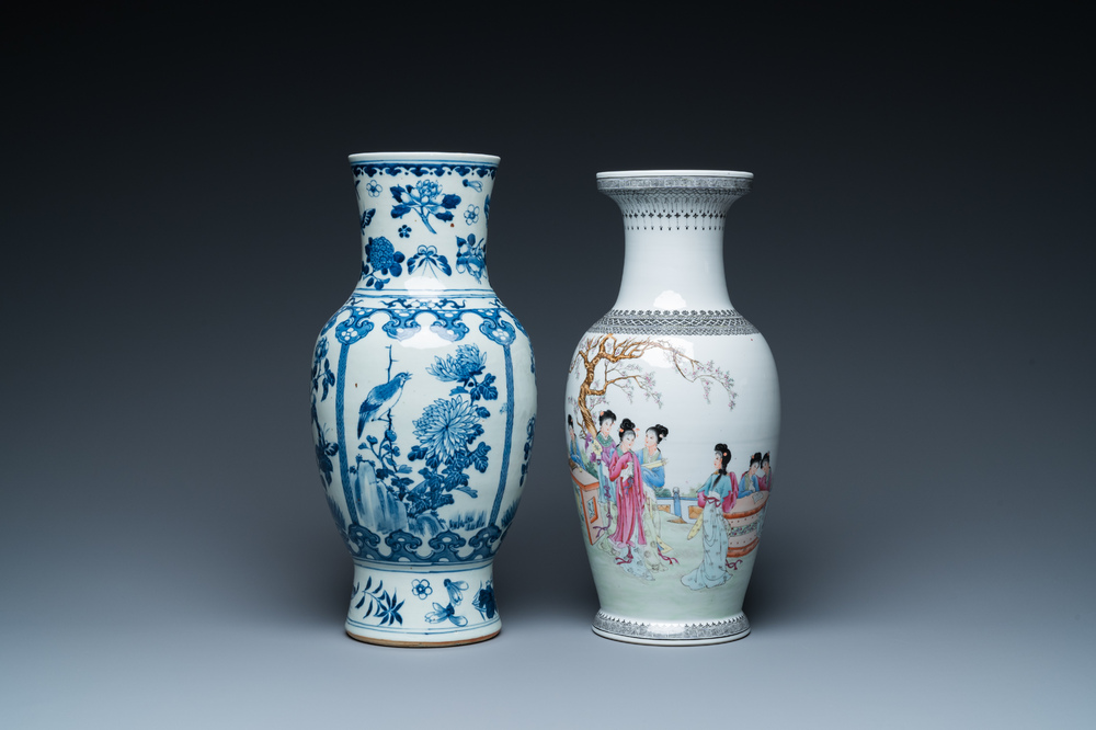 A Chinese blue and white vase and a famille rose vase, 19th and 20th C.