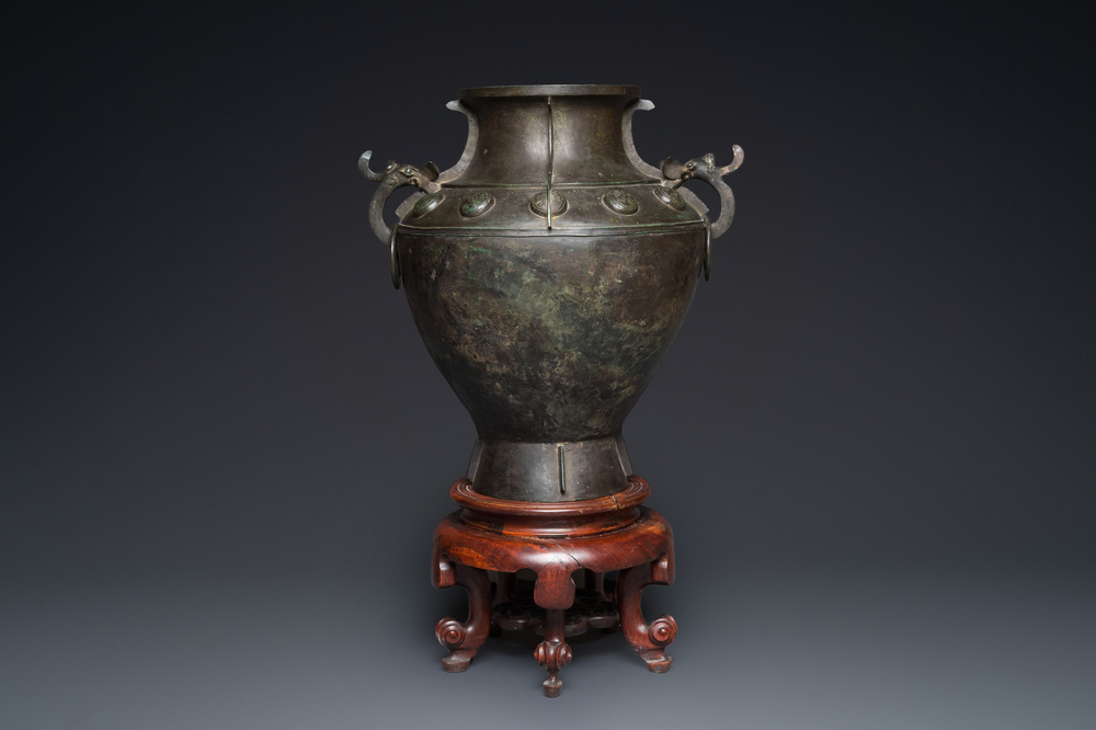 A rare massive Chinese archaistic bronze 'lei' wine vessel with inscription, Song