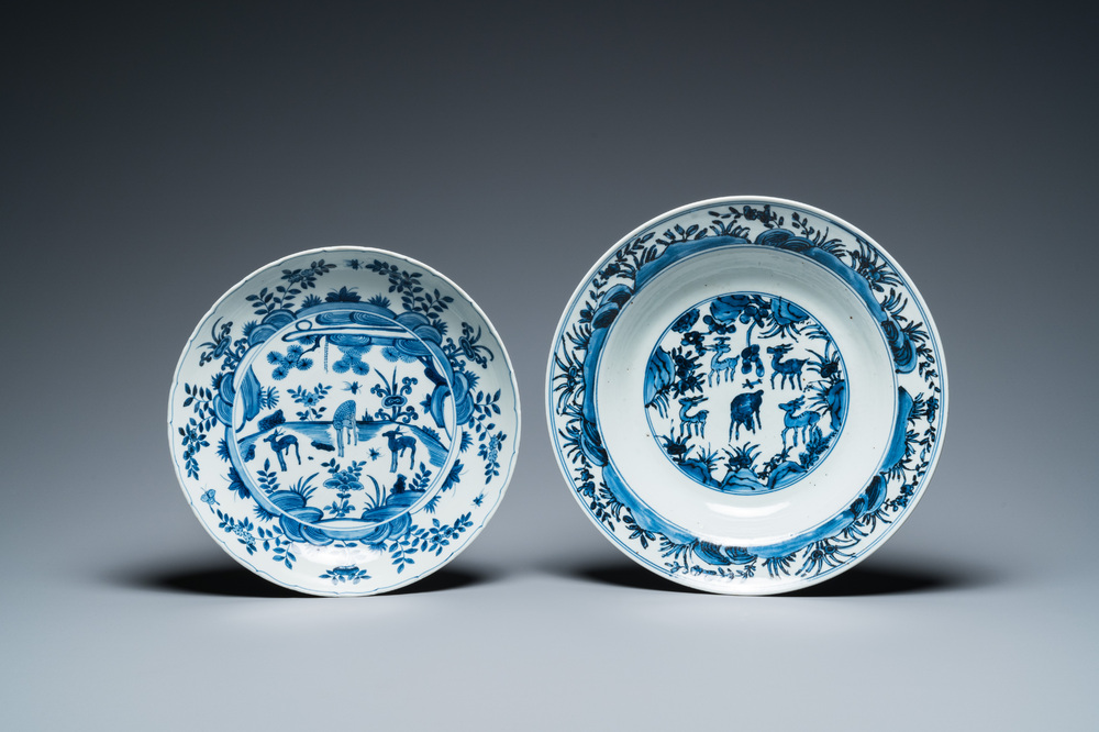 Two Chinese blue and white 'deer' dishes, Wanli