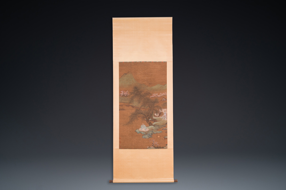 Ecole chinoise: 'Paysage au p&ecirc;cheur', encre et couleurs sur soie, Qing