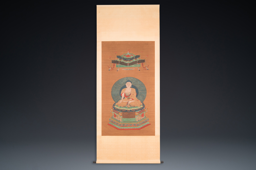 Chinese school: 'Bhaishajyaguru' or 'Medicine Buddha', ink and colour on silk, probably 19th C.