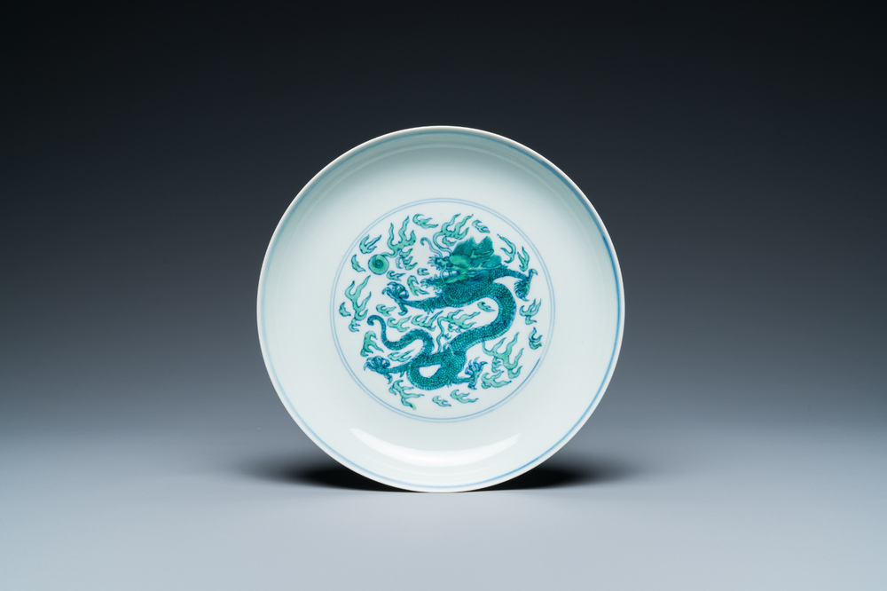 A Chinese doucai-green 'dragon' dish, Kangxi mark and probably of the period