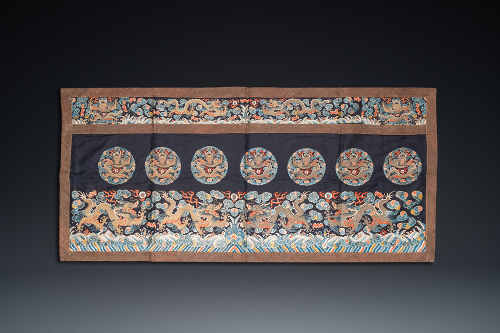 A Chinese gold- and silver-thread-embroidered silk panel with dragons, Qing