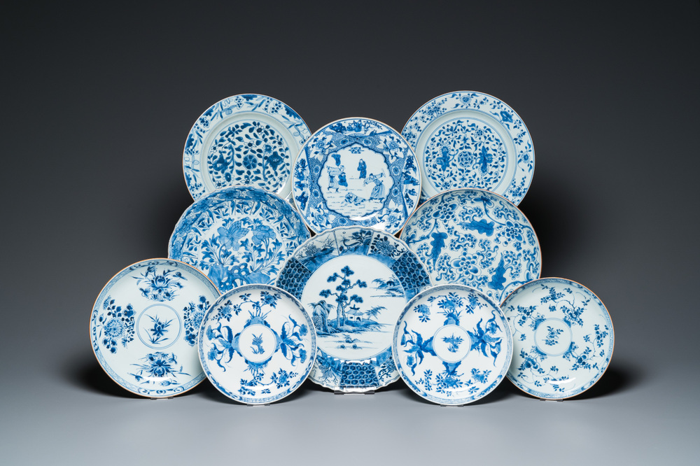 Ten Chinese blue and white dishes and plates, Kangxi and later