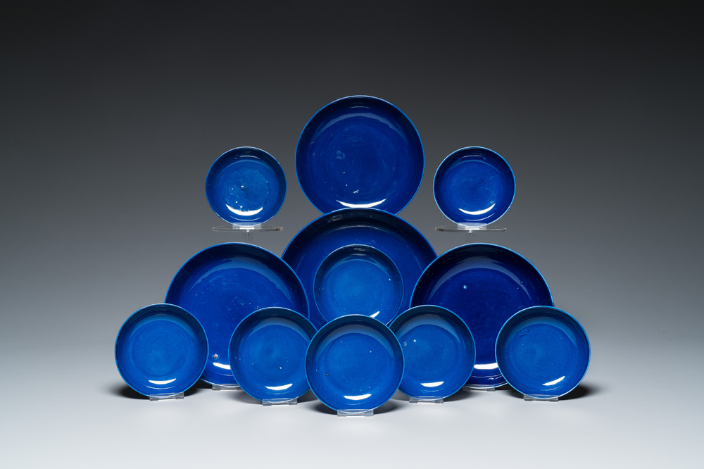 Four Chinese monochrome blue-glazed plates and eight saucers, Guangxu mark and of the period