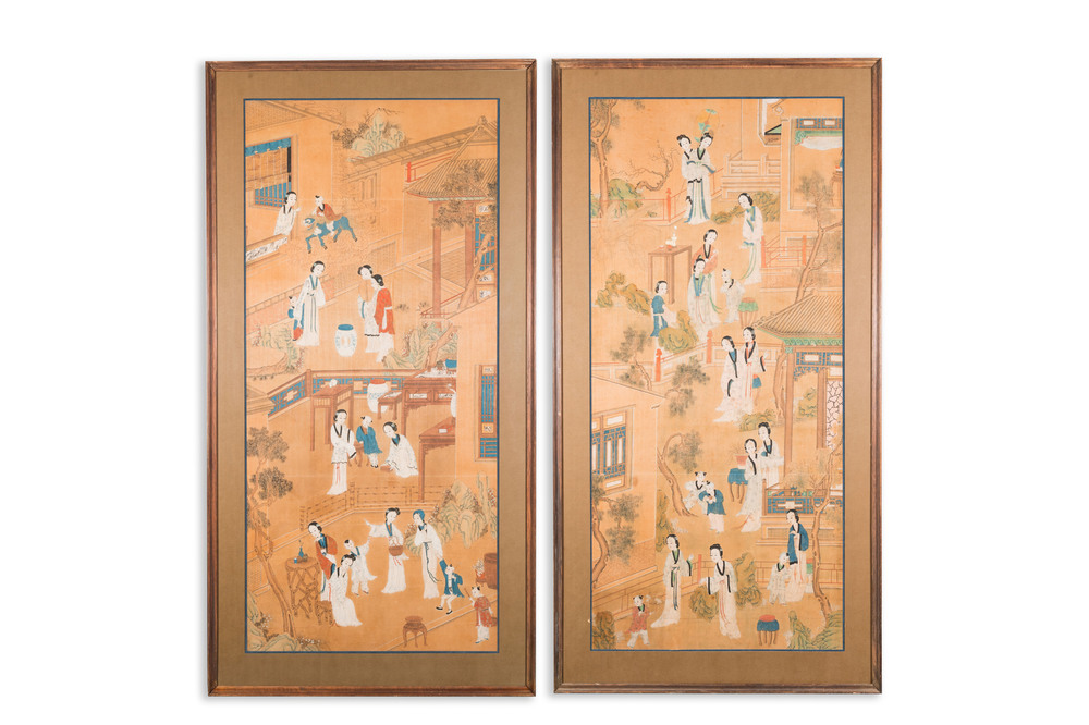 Chinese school: Two garden scenes with ladies and boys, ink and colour on silk, Qing