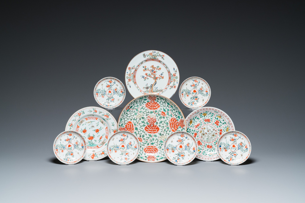 A Chinese famille verte dish, three plates and six saucers, Kangxi