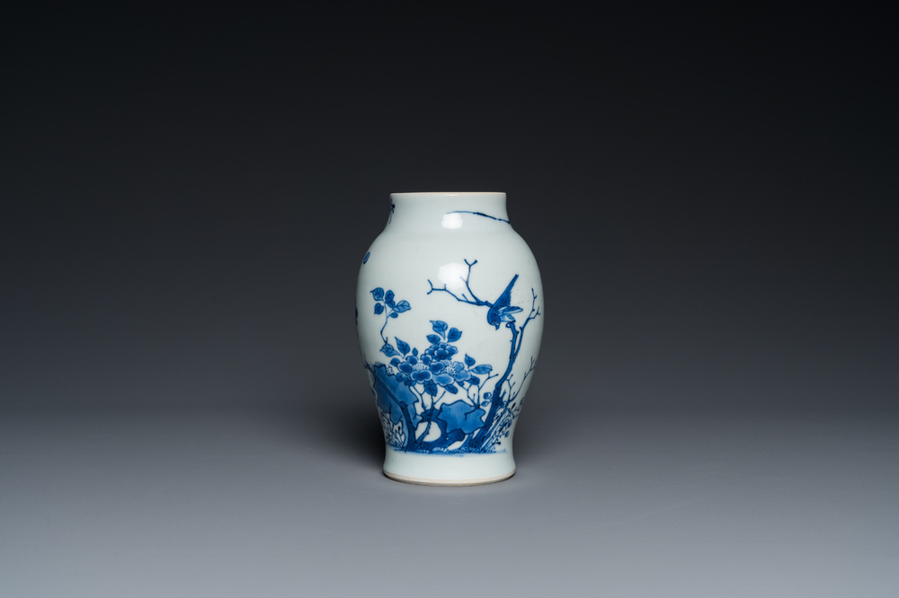 A Chinese blue and white vase with birds among blossoming branches, Chongzhen