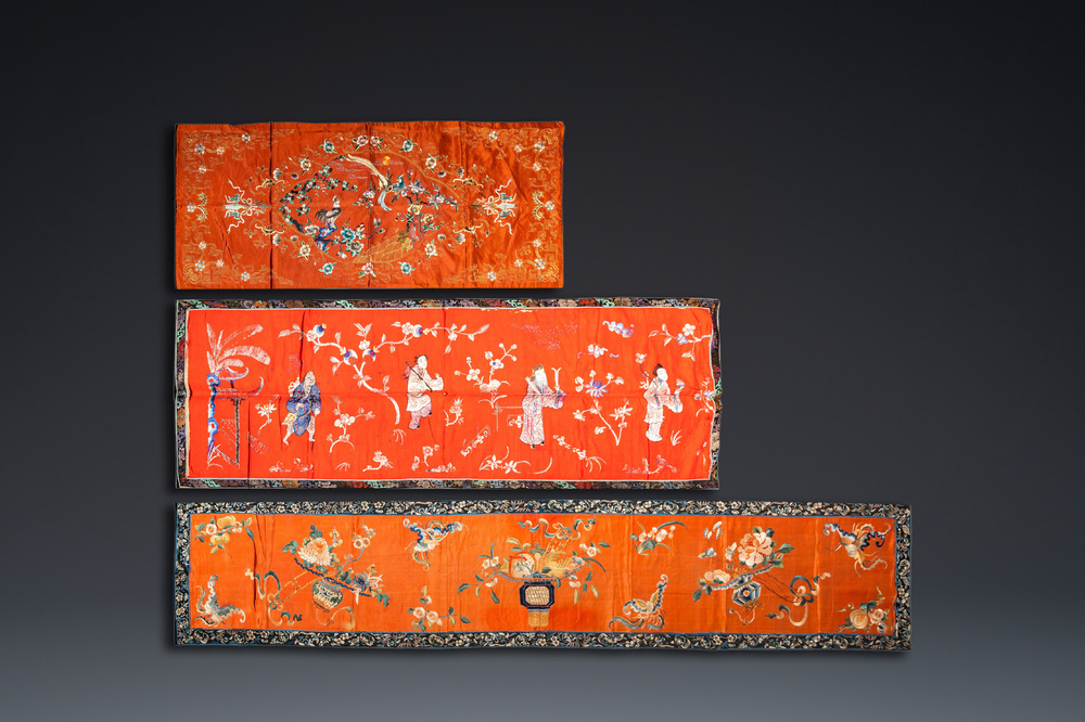 Three Chinese silk embroideries, 19/20th C.