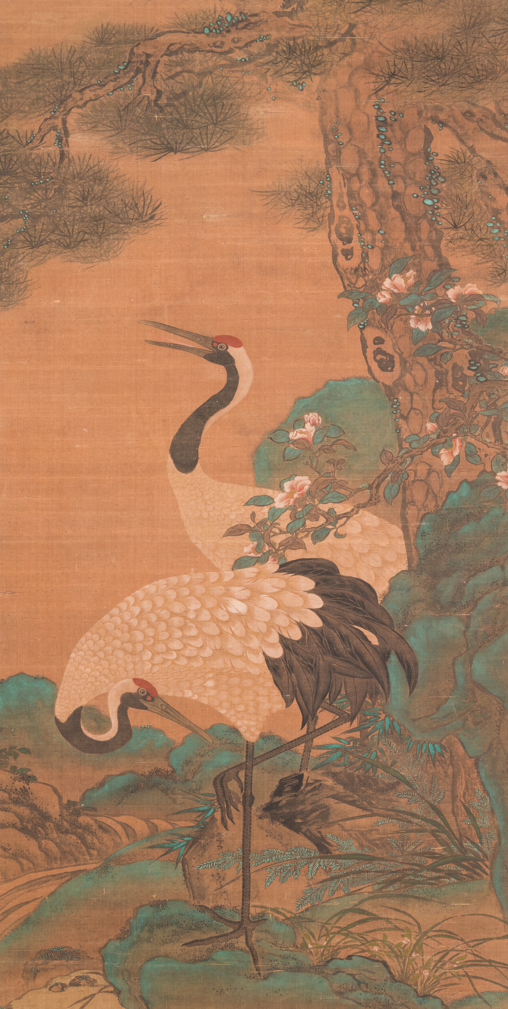 Chinese school: 'Cranes under a pine', ink and colour on silk, Ming