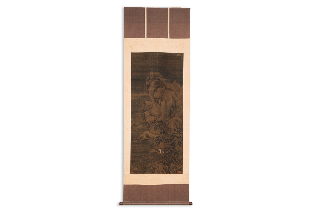 Chinese school: 'Landscape with a scholar and his servants', ink and colour on silk, Ming