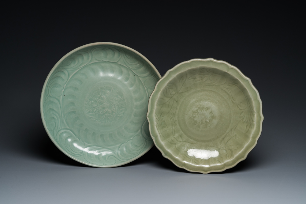 Two Chinese Longquan celadon dishes with underglaze design, Ming