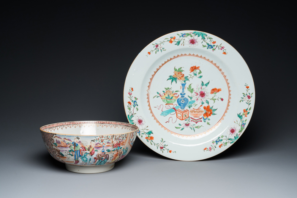 A Chinese famille rose 'mandarin' bowl and a dish, Qianlong