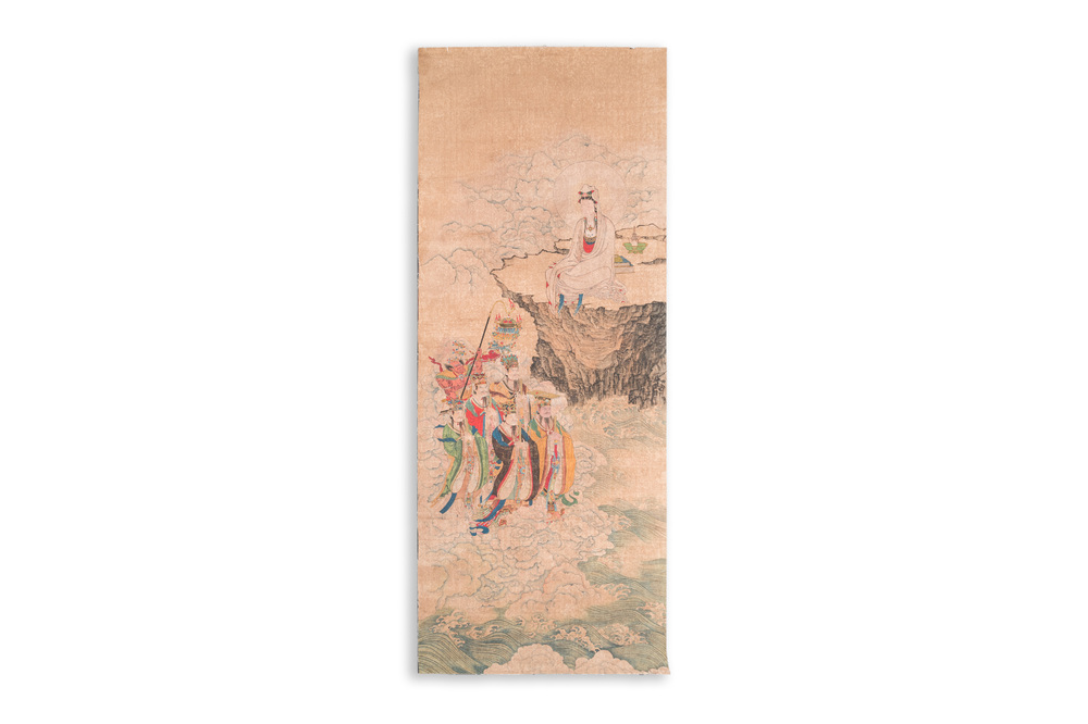 Chinese school: 'Bodhisattva looking over a group of deities', ink and colour on silk, Qing