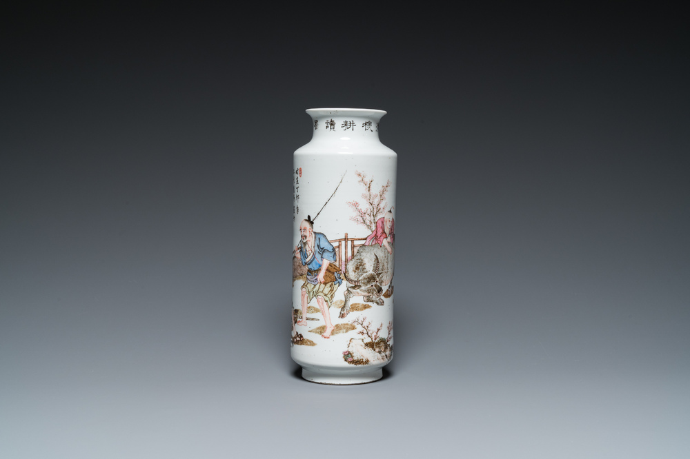 A Chinese qianjiang cai rouleau vase, signed Zhan Litang 詹麗堂, dated 1867