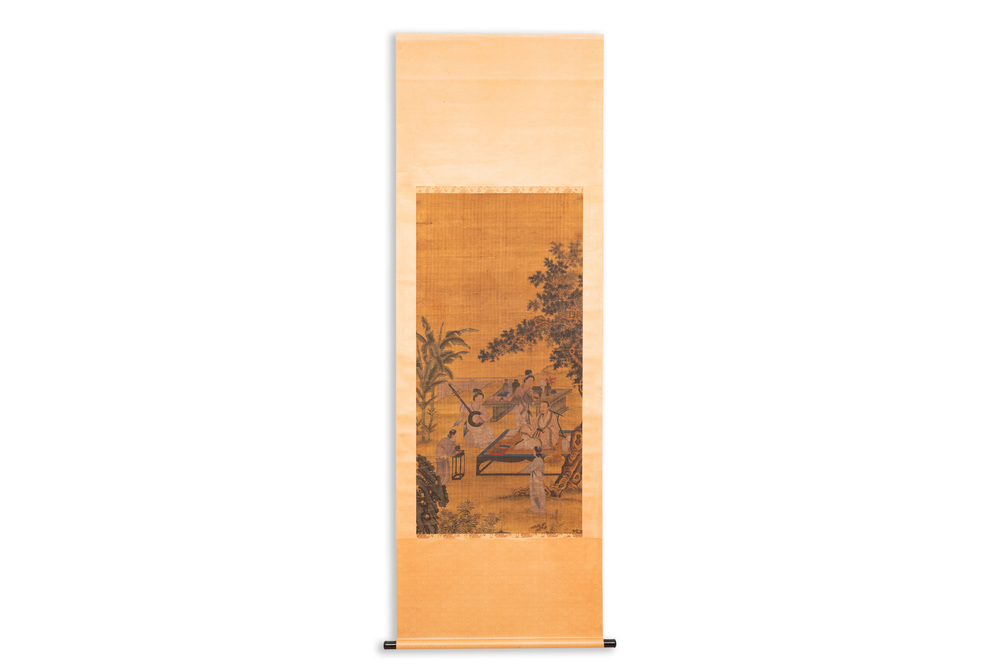 Chinese school: 'Elegant musical gathering', ink and colour on silk, probably Ming