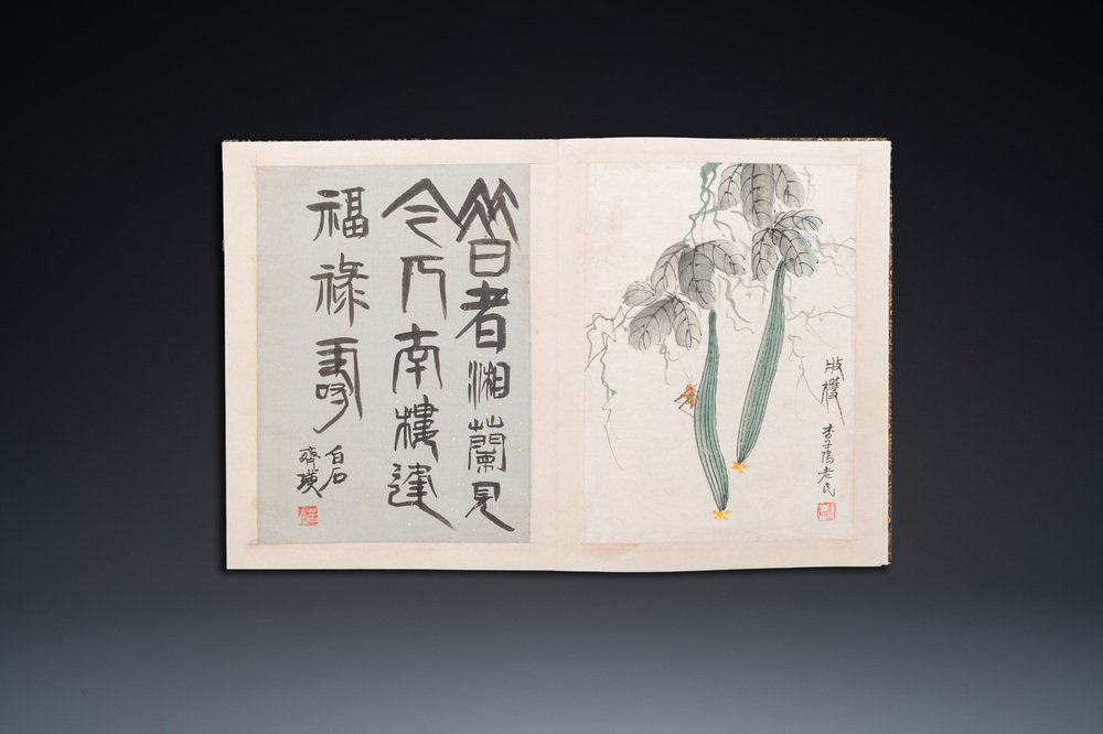 D'apr&egrave;s Qi Baishi 齊白石 (1864-1957): Album contenant 6 sujets floraux accompagn&eacute;s de calligraphie, encre et couleurs sur papier