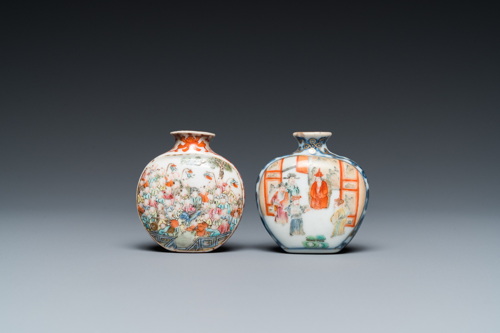 Two Chinese famille rose snuff bottles, Qianlong and Jiaqing mark, 19th C.