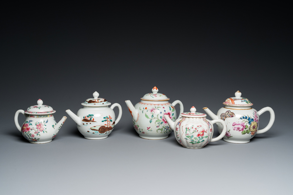 Five Chinese famille rose teapots, Yongzheng/Qianlong