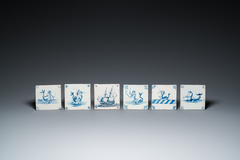 Six Duch Delft blue and white tiles with sea monsters and a ship, 17th C.