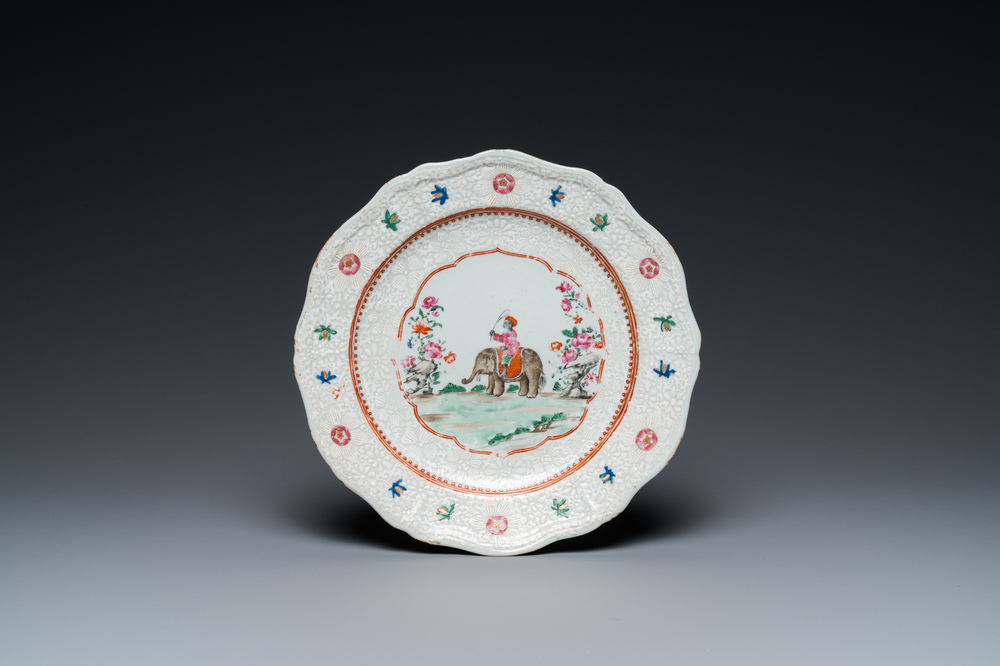 A Chinese famille rose Indian market plate with an elephant and rider, Qianlong