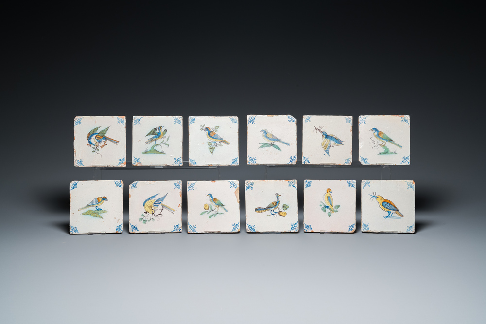 Twelve polychrome Dutch Delft 'bird' tiles, 17th C.