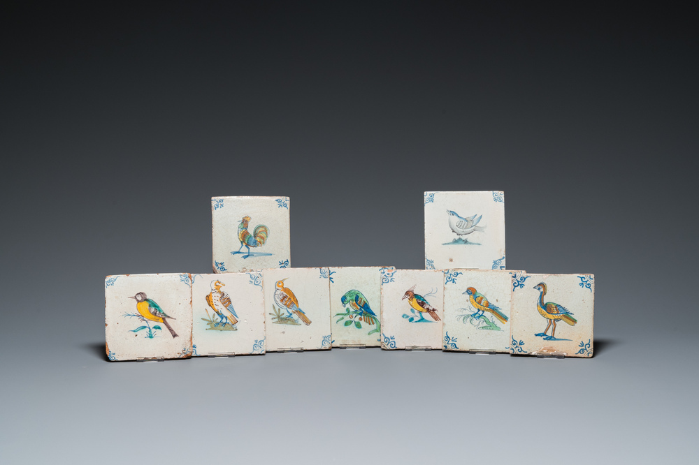 Nine polychrome Dutch Delft 'bird' tiles, 17th C.