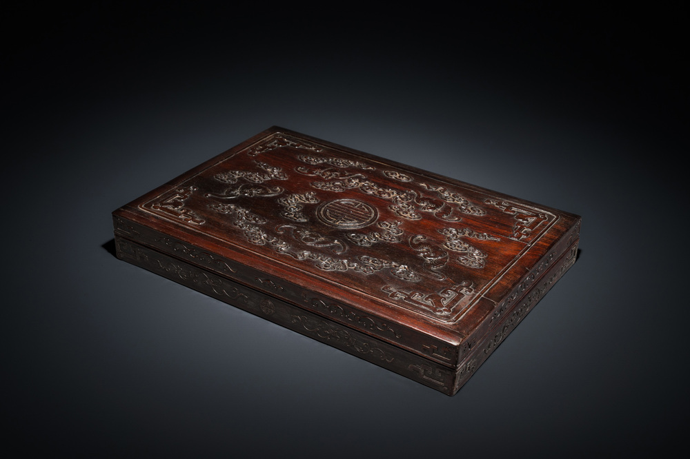 A Chinese partly zitan wood 'Five bats and Shou' box and cover, Qing