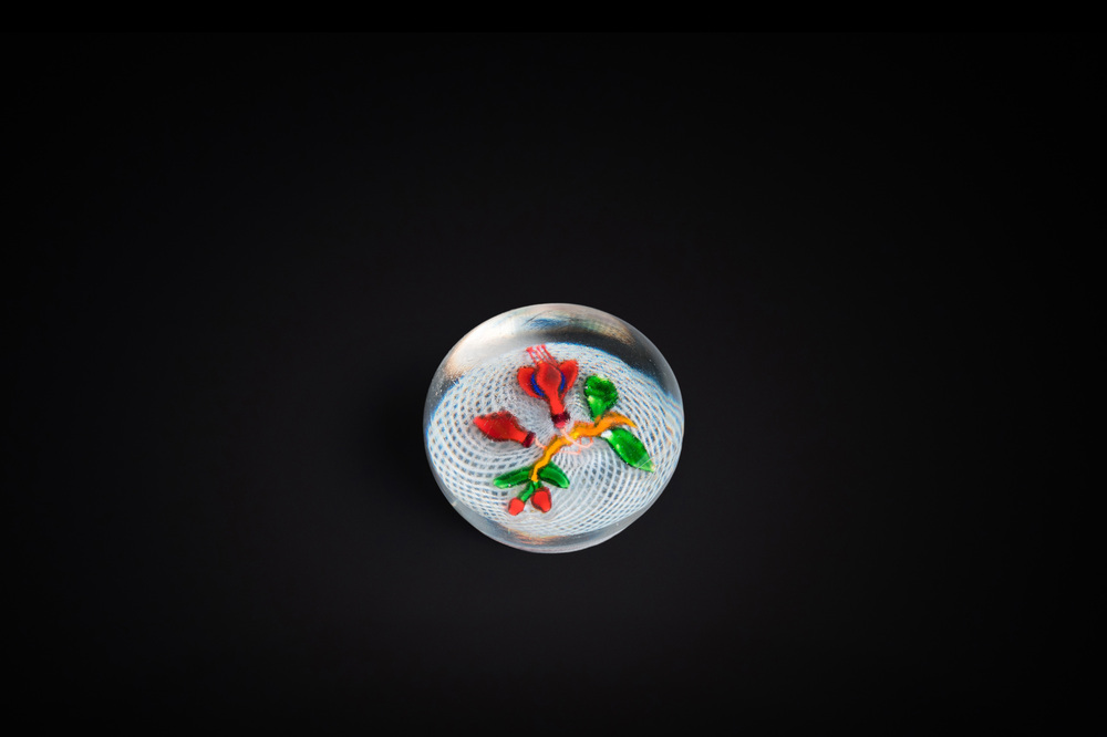 Presse-papier en verre &agrave; d&eacute;cor de fuchsia sur fond latticinio, Saint Louis, ca. 1850