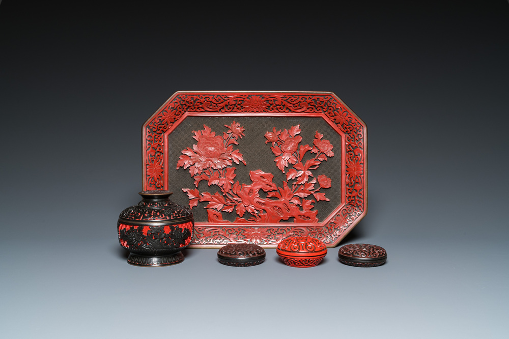Five pieces of Chinese red cinnabar lacquer, 20th C.