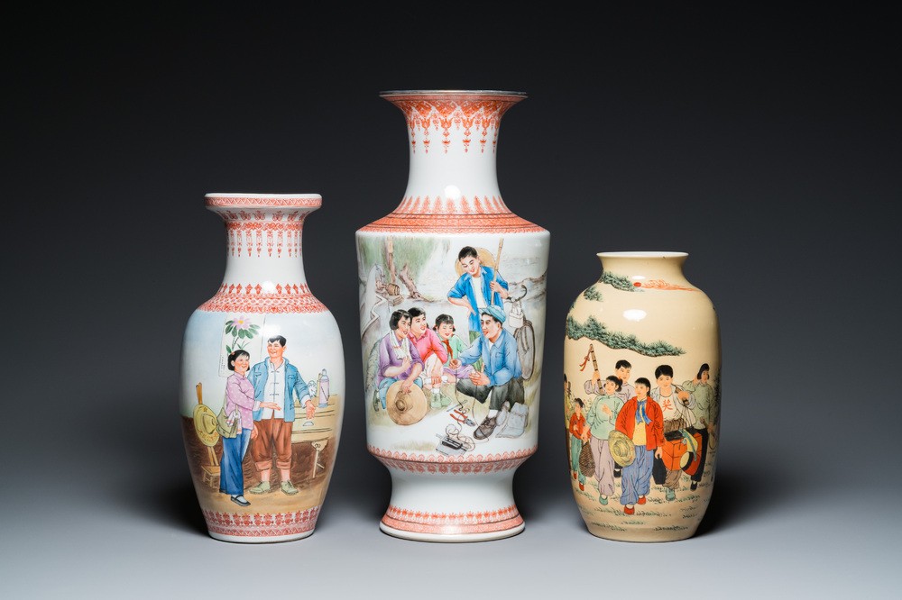 Three Chinese vases with Cultural Revolution design, one signed Wu Kang 吳康, dated 1970, 1971 and 1973