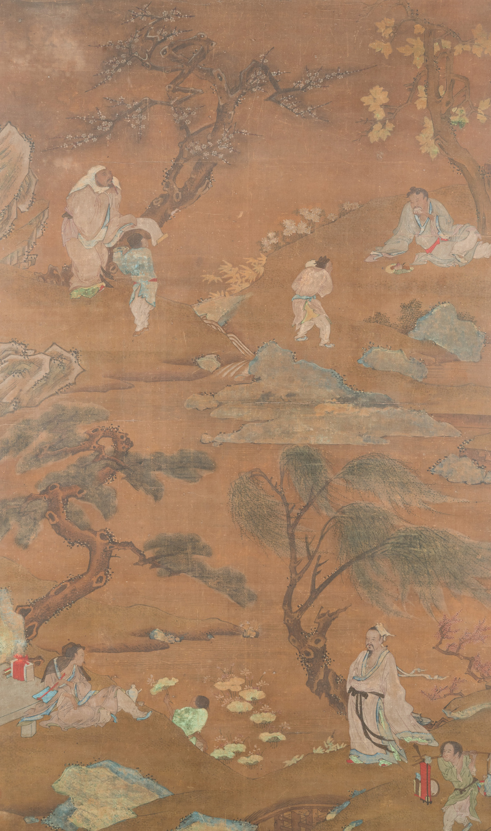 Chinese school: 'Gathering of the sages in four landscapes representing the four seasons', ink and colour on silk, 18th C.