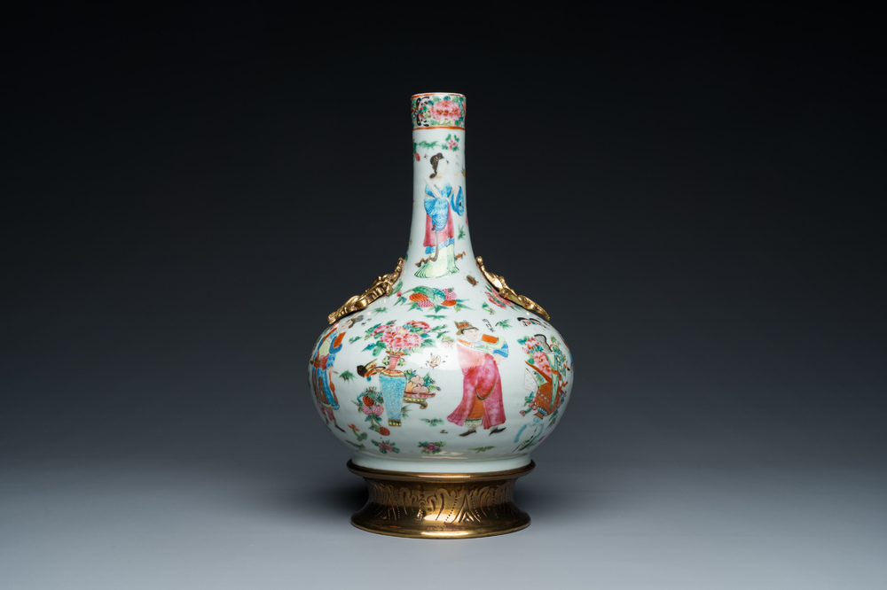 A Chinese Canton famille rose vase with gilt brass mounts, 19th C.