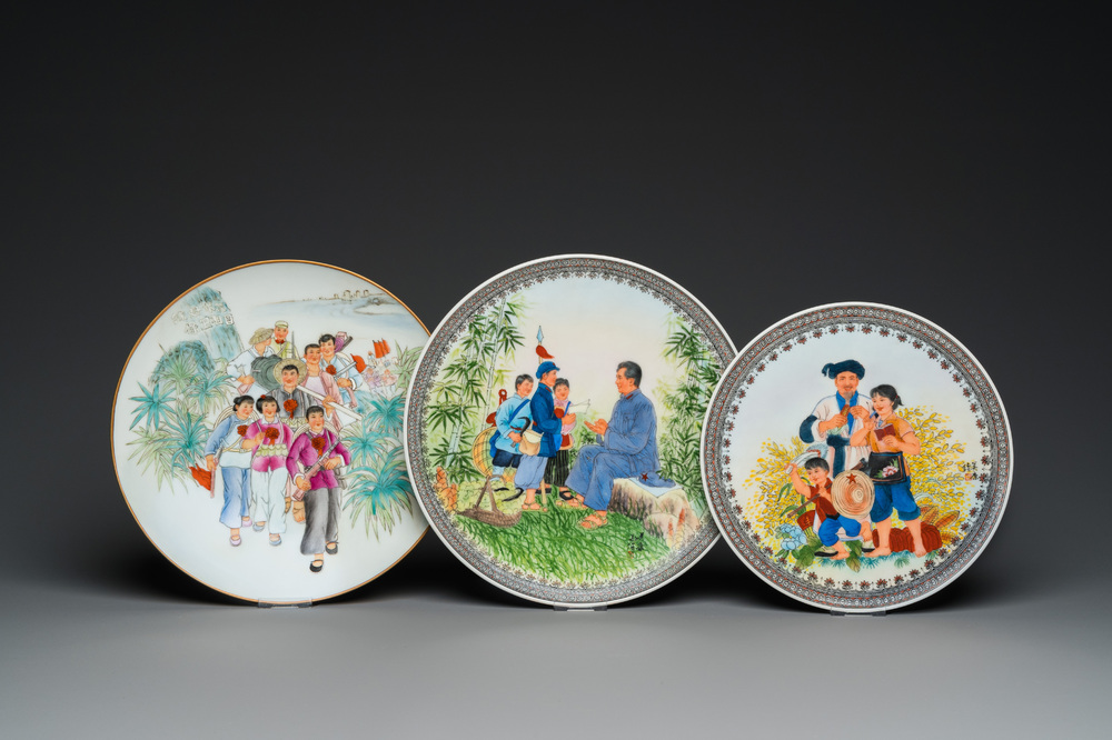 Three Chinese Cultural Revolution dishes, two signed Wu Kang 吳康 and dated 1968 and 1973