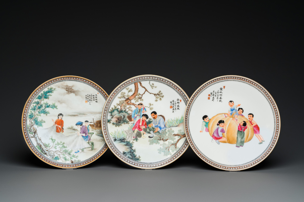 Three Chinese Cultural Revolution dishes, signed Wang Xiaofan 王曉帆, Wu kang 吳康 and Chen Yifang 陳義芳, dated 1957, 1964 and 1966