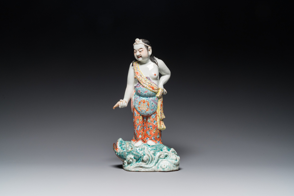A Chinese famille rose 'Liu Hai on the toad' group, 19th C.