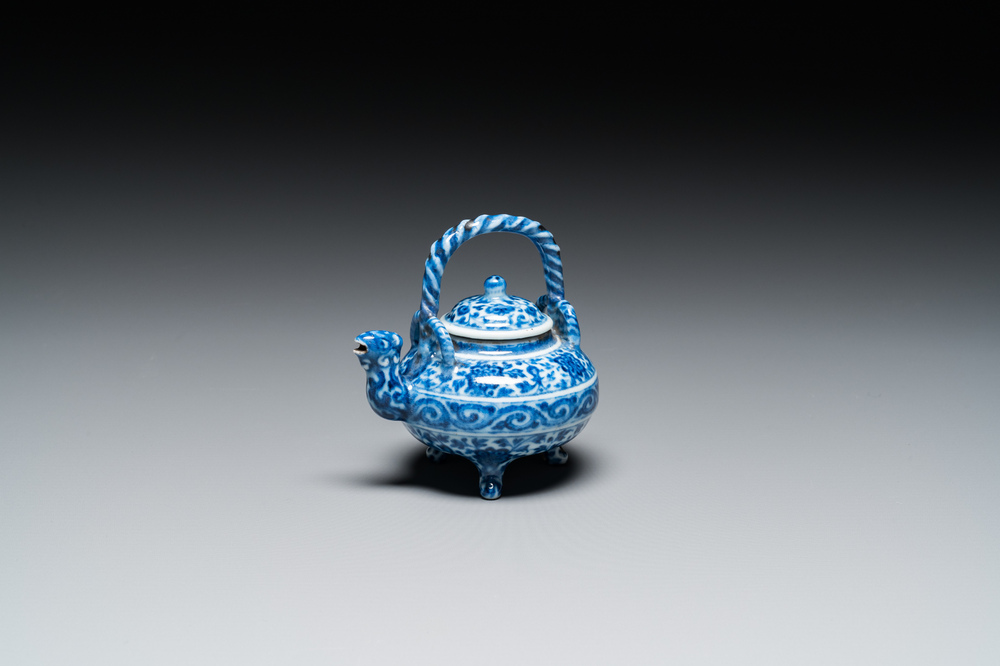 An unusual Chinese blue and white teapot and cover, Xuande mark, probably Qing