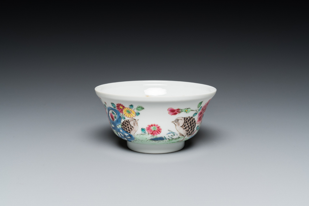 A Chinese famille rose semi-eggshell bowl with two quails, Yongzheng