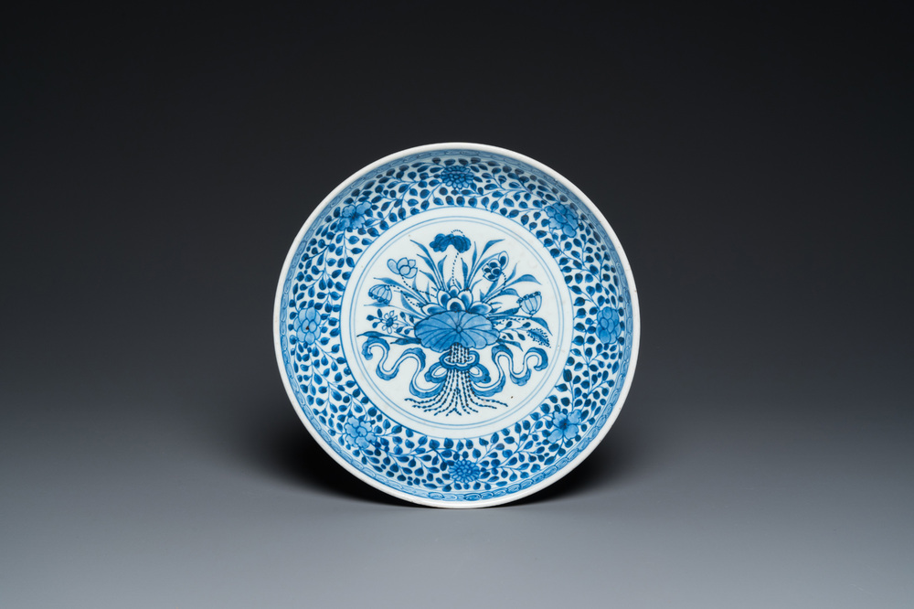 A Chinese blue and white Ming-style 'flower bouquet' dish, Qianlong