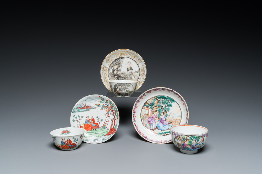 Drie Chinese exportporseleinen koppen en schotels, Qianlong
