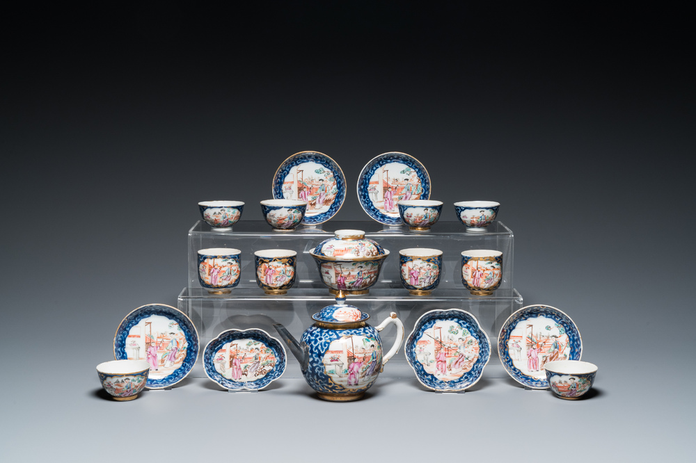 A Chinese famille rose 18-piece 'mandarin subject' tea service, Qianlong
