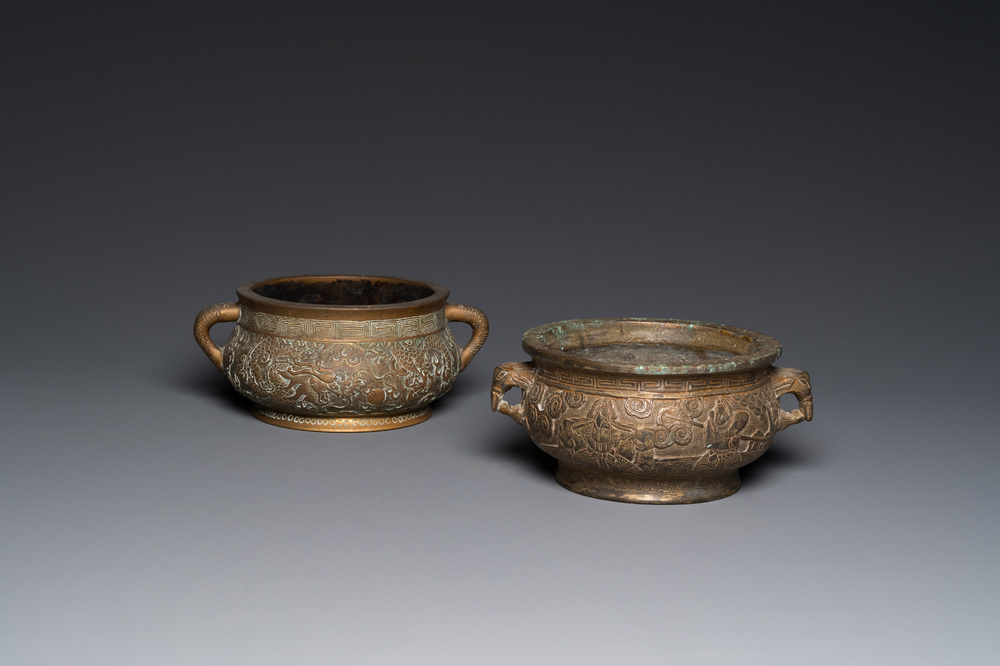 Two Chinese bronze censers, Xuande marks, 19/20th C.
