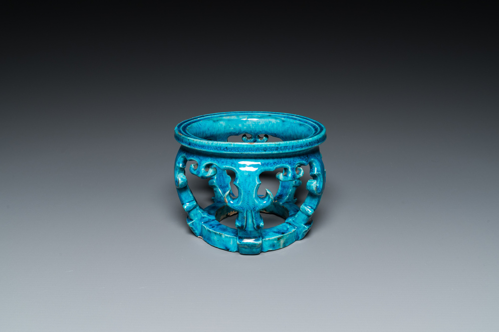 A Chinese monochrome turquoise-glazed reticulated ornament for use in a fish bowl, Kangxi