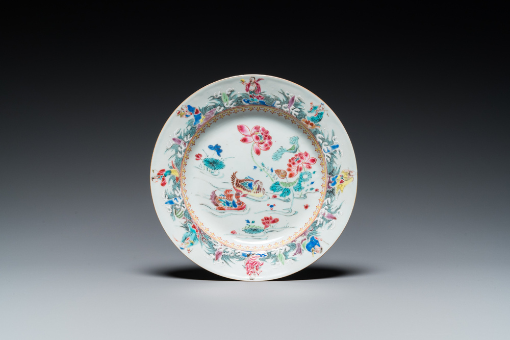 A Chinese famille rose plate with immortals and mandarin ducks, Yongzheng