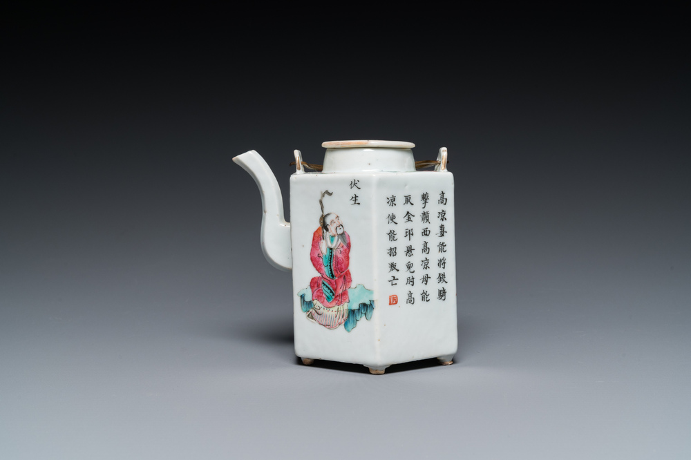 A Chinese hexagonal famille rose 'Wu Shuang Pu' teapot and cover, 19th C.