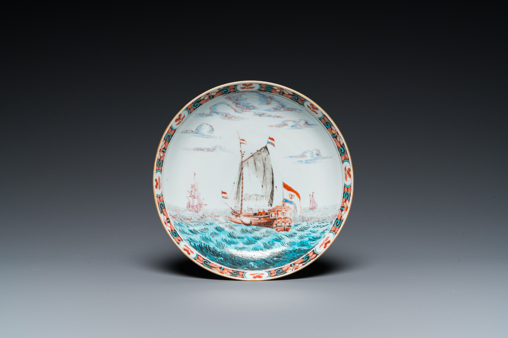 A Dutch-decorated Chinese porcelain plate with a merchant ship, Kangxi