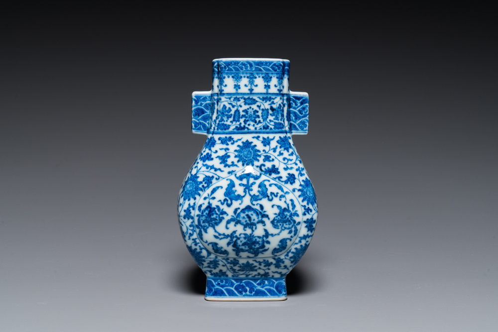 A Chinese blue and white 'fanghu' vase with lotus scrolls, Qianlong mark, 19/20th C.