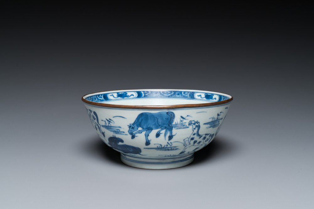 Een Chinese blauw-witte 'Acht paarden van Mu Wang' kom, Kangxi