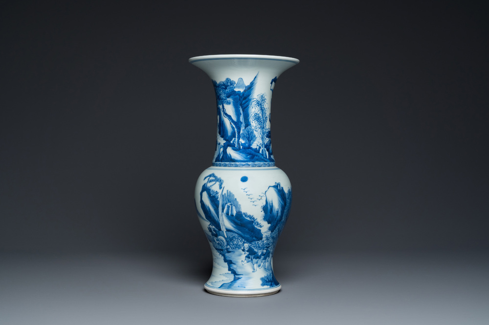 A Chinese blue and white 'yenyen' vase with figures in a landscape, 19/20th C.